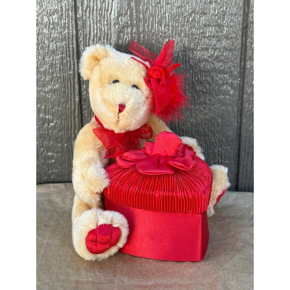 Dan Dee Plush Teddy Bear Red Bow & Heart-Shaped Gift Box Valentine's Day Decor - Picture 1 of 8